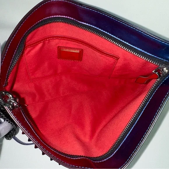 ✨CHRISTIAN LOUBOUTIN Loubiposh Patent Scarabe Spikes Chain Clutch Bag Rose Blue - Picture 9 of 16